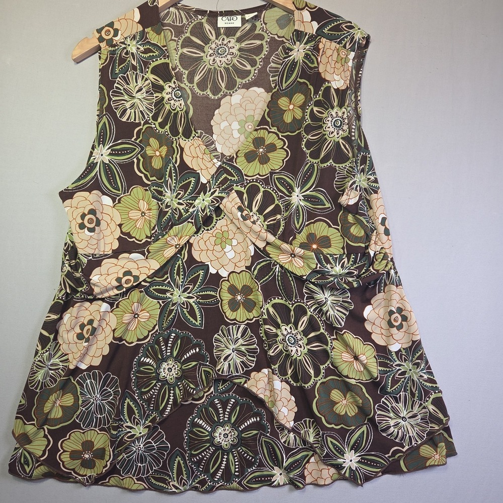 Cato Woman 18/20W Sleeveless Floral Asymmetrical Layered Tunic Top Brown Green P - Picture 1 of 13